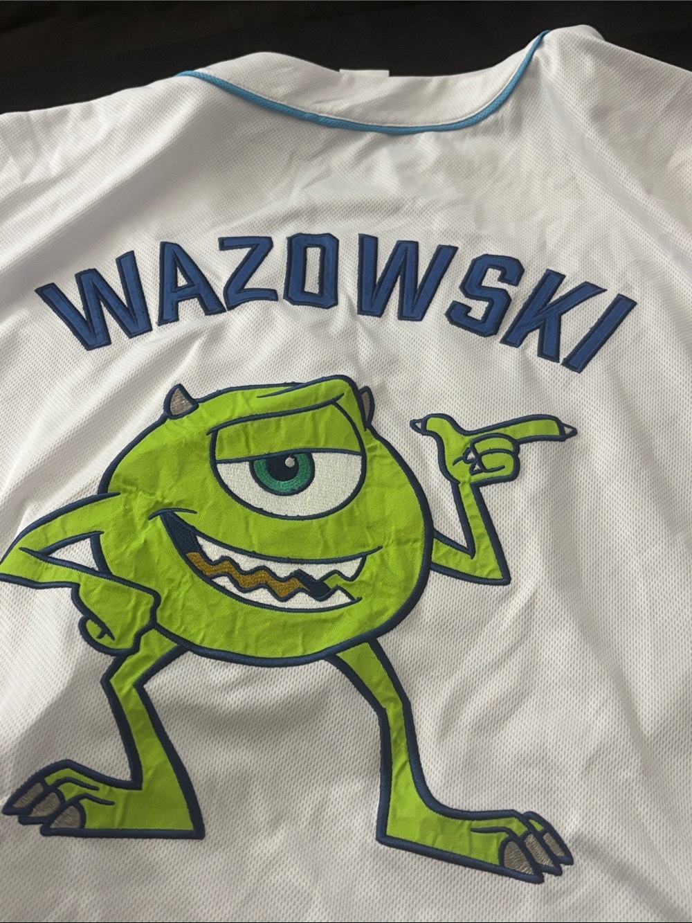 Disney White Baseball Jersey with Blue Trim and Lime Accents
